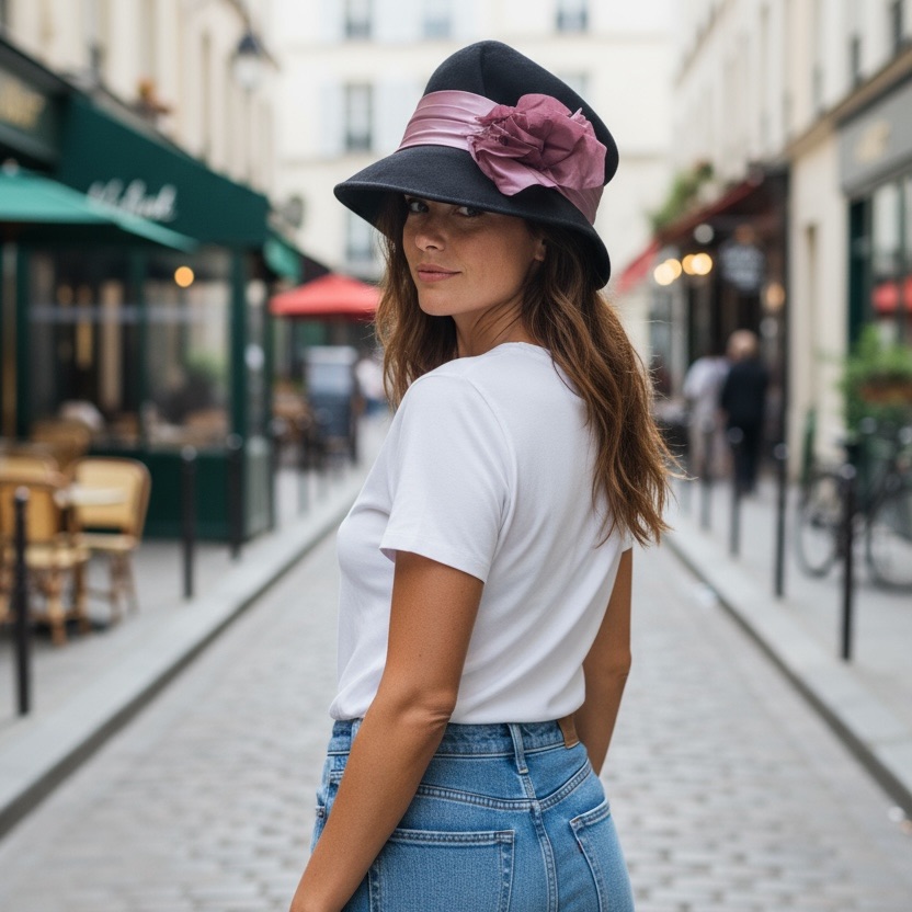 April Cornell Purple Hat With Pink Satin Ribbon